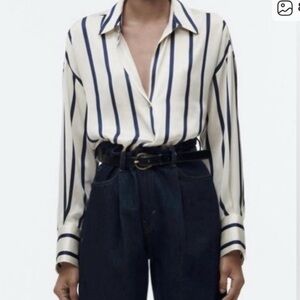 Zara Cream and Black Striped Button Down Shirt